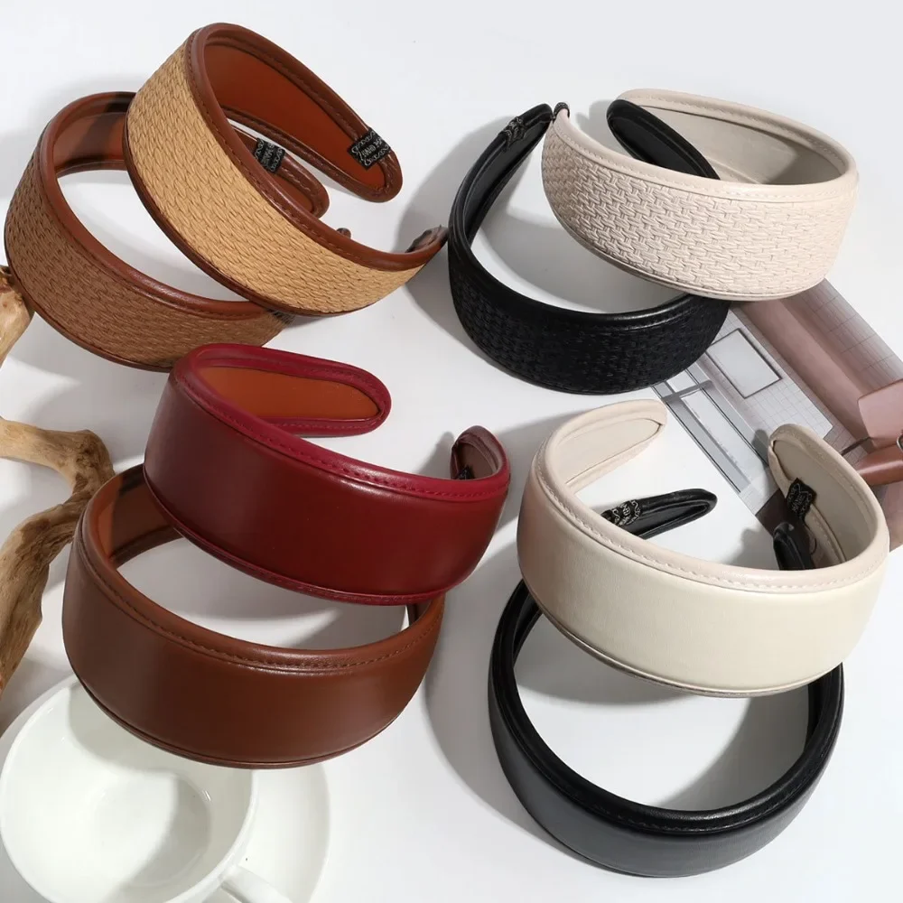 New 2025 Retro PU Leather Hairbands Wide Turbans Non-slip Hoop Headband Elegant Hair Accessories Women Girls Fashion Items Gifts