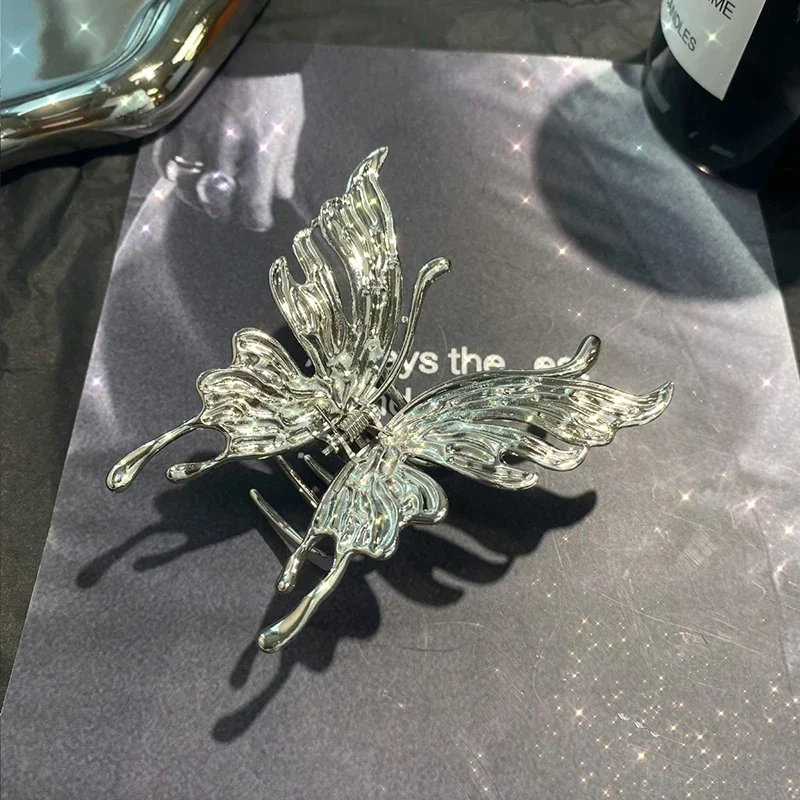 Large Butterfly Hair Clamps Claw Clips for Women Pleated Silver Color Cross Geometric Hairpins Fashion Barrette Headdress A-