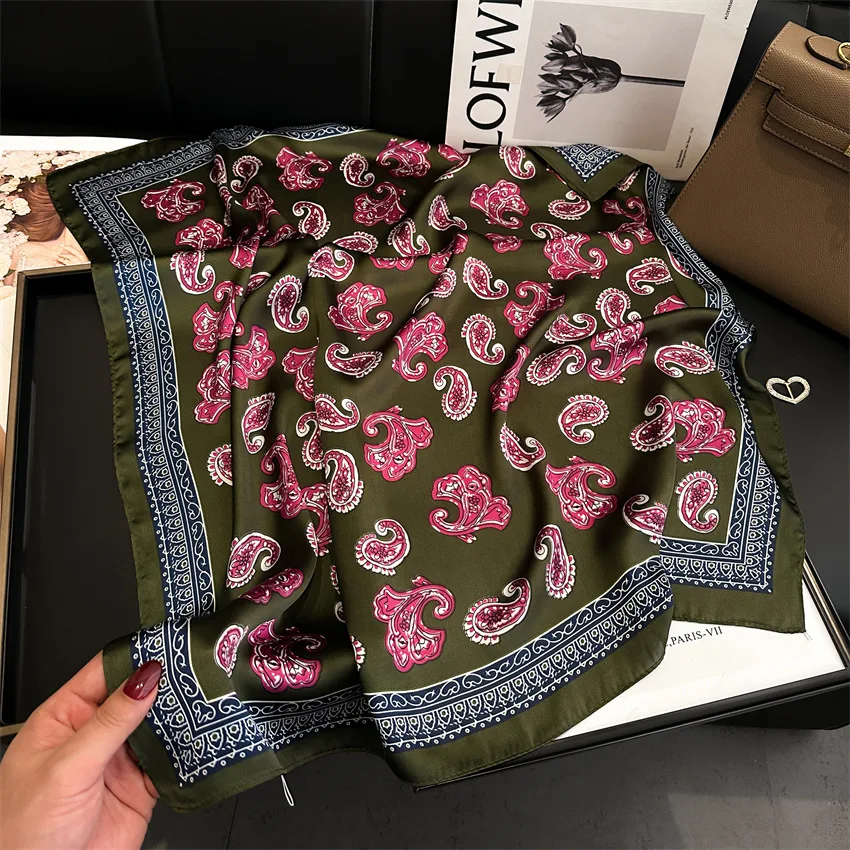 2025 New Paisley Print Square Scarf Soft Satin Bandana Vintage Windproof Head Wrap Shawl Imitation Silk Travel Beach Towel