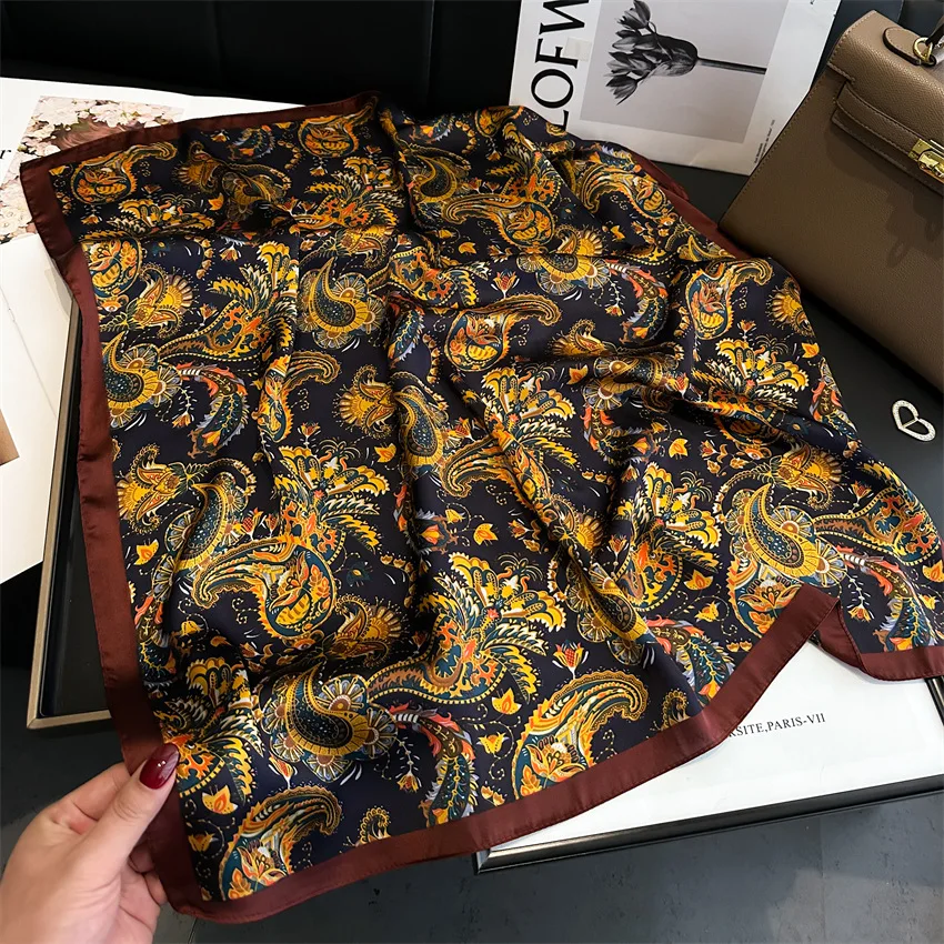2025 New Paisley Print Square Scarf Soft Satin Bandana Vintage Windproof Head Wrap Shawl Imitation Silk Travel Beach Towel
