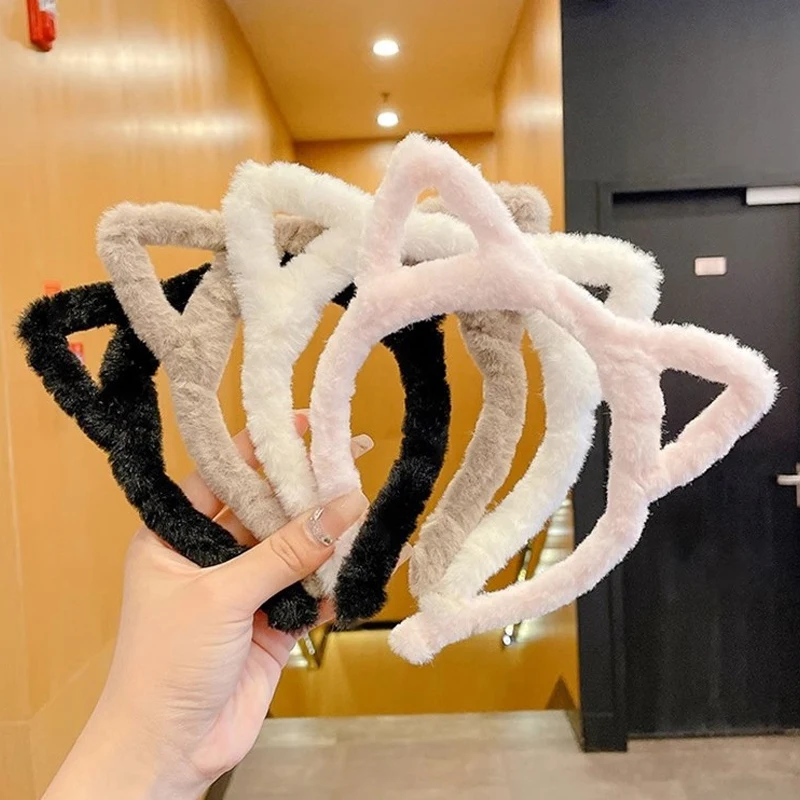 1pc hollow cat ears hairband girl heart hairpin cute plush headband wash face mask hairband hair tie clip