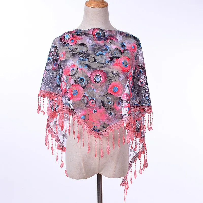 New Muslim Head Wrap Lace Tassel Triangle Scarf Women Flower Shawl Elegant Breathable Wedding Outdoor Accessories 50*150cm