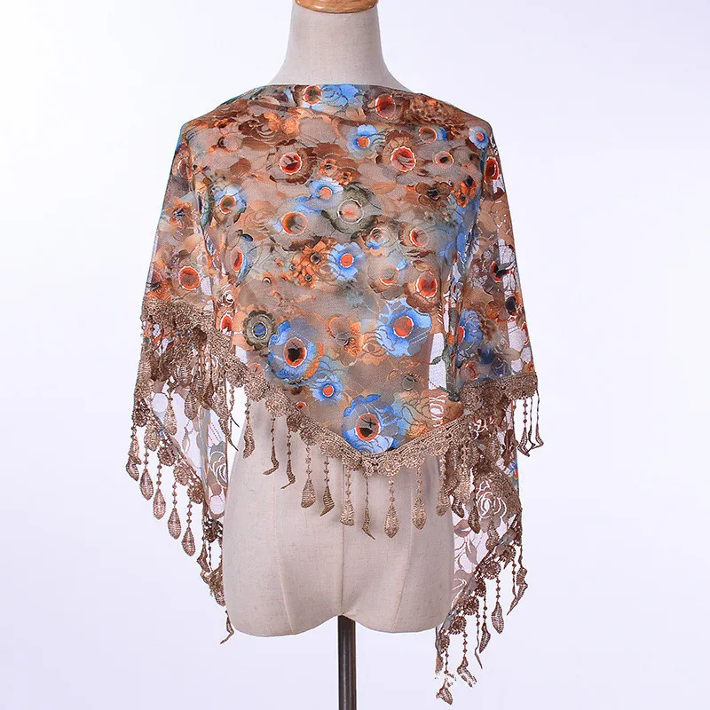 New Muslim Head Wrap Lace Tassel Triangle Scarf Women Flower Shawl Elegant Breathable Wedding Outdoor Accessories 50*150cm