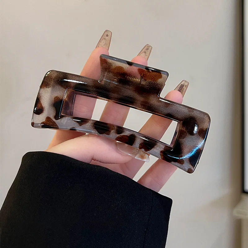 Leopard Print Large Square Hollowed Acrylic Crab Hair Clip Back Head Updo Temperament Simple Shark Clip New Vintage Accessories