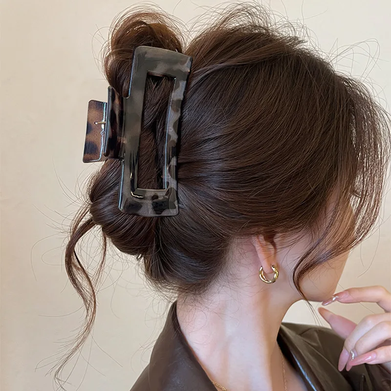 Leopard Print Large Square Hollowed Acrylic Crab Hair Clip Back Head Updo Temperament Simple Shark Clip New Vintage Accessories