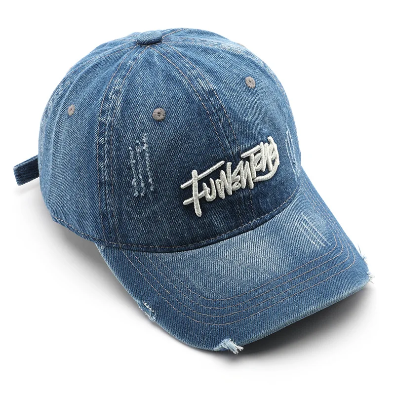 Japanese Retro Washed Denim Letter Embroidered Cap Outdoor Sports Mens Travel Sun Hat Baseball Cap Classic Versatile Comfortable