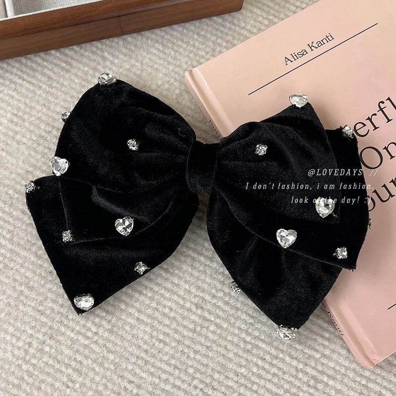 Luxury Bow Love Rhinestone Hairpins Fashion Black Velvet Large HairClips for Women Girls Sweet Temperament Barrettes Headdress