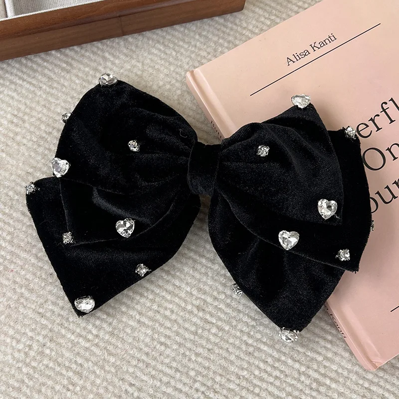 Luxury Bow Love Rhinestone Hairpins Fashion Black Velvet Large HairClips for Women Girls Sweet Temperament Barrettes Headdress