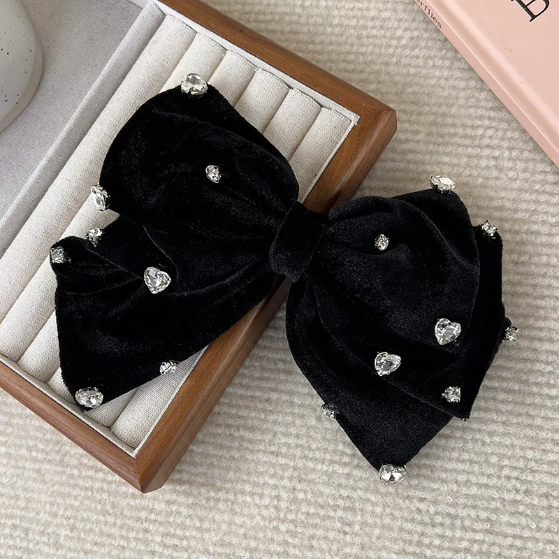 Luxury Bow Love Rhinestone Hairpins Fashion Black Velvet Large HairClips for Women Girls Sweet Temperament Barrettes Headdress