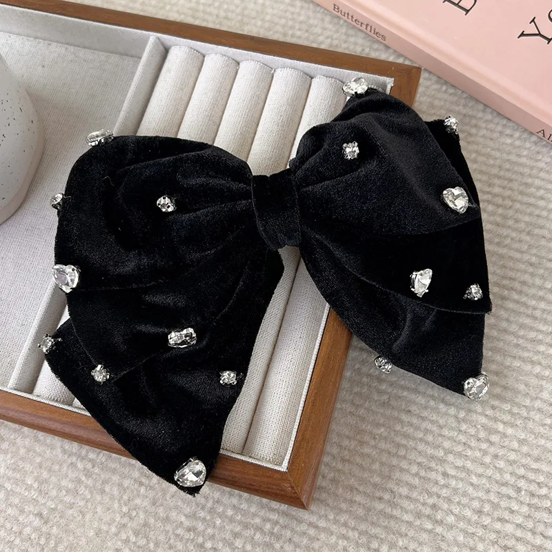 Luxury Bow Love Rhinestone Hairpins Fashion Black Velvet Large HairClips for Women Girls Sweet Temperament Barrettes Headdress