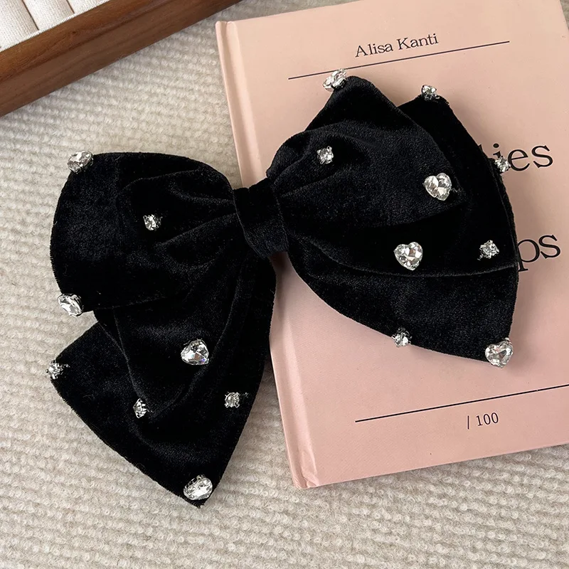 Luxury Bow Love Rhinestone Hairpins Fashion Black Velvet Large HairClips for Women Girls Sweet Temperament Barrettes Headdress