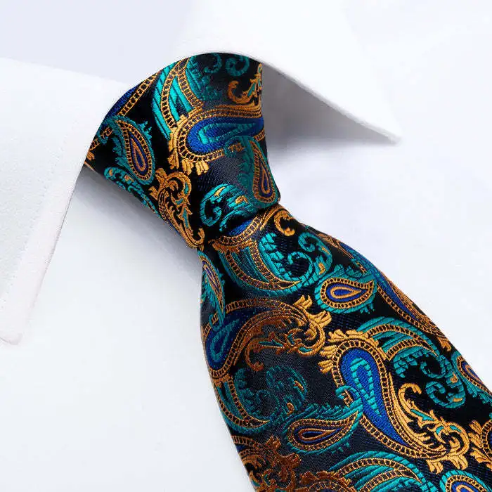 Teal Green Solid Paisley Wedding Tie For Men Fashion Design Quality Hanky Cufflink Men Gift Necktie Set