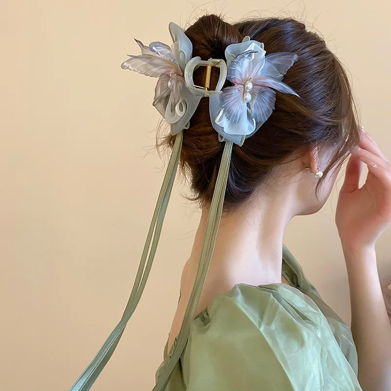 Neo Chinese Style Green Bow Butterfly Hair Claws Clips For Women Imitation Pearl Ribbon Tassel Grips Acrylic Shark Clip A-15