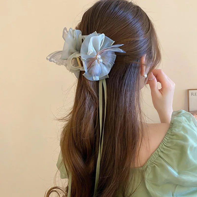 Neo Chinese Style Green Bow Butterfly Hair Claws Clips For Women Imitation Pearl Ribbon Tassel Grips Acrylic Shark Clip A-15