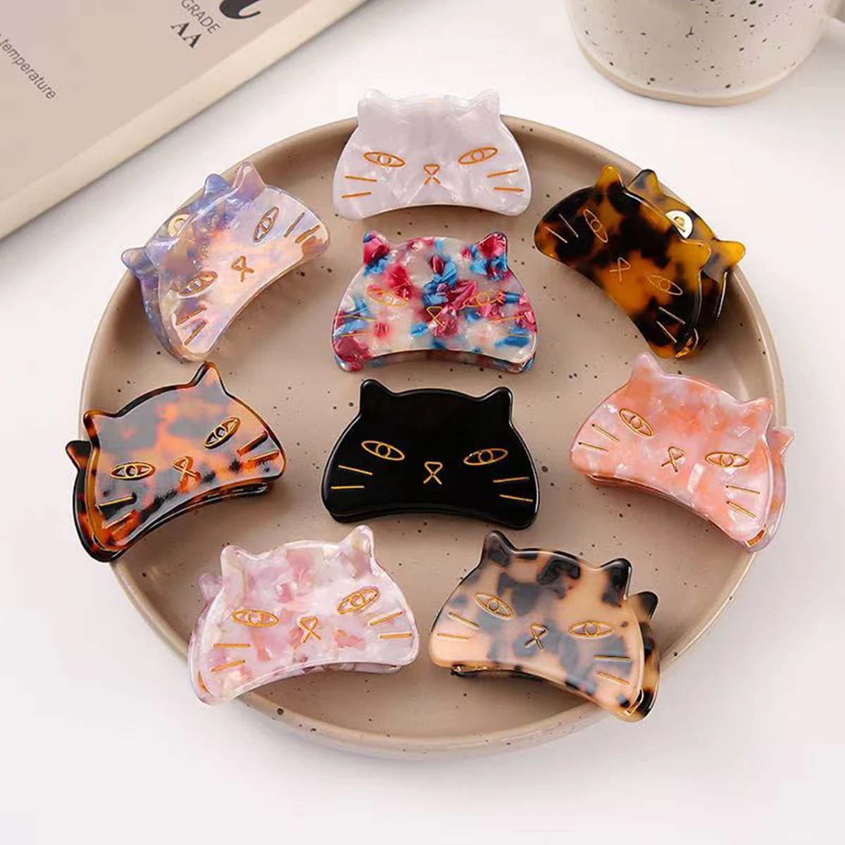 1pc elegant acetate cat grab clip metal tooth hairpin, ladies back of the head disc hair gripper, cute sweet hair scratch