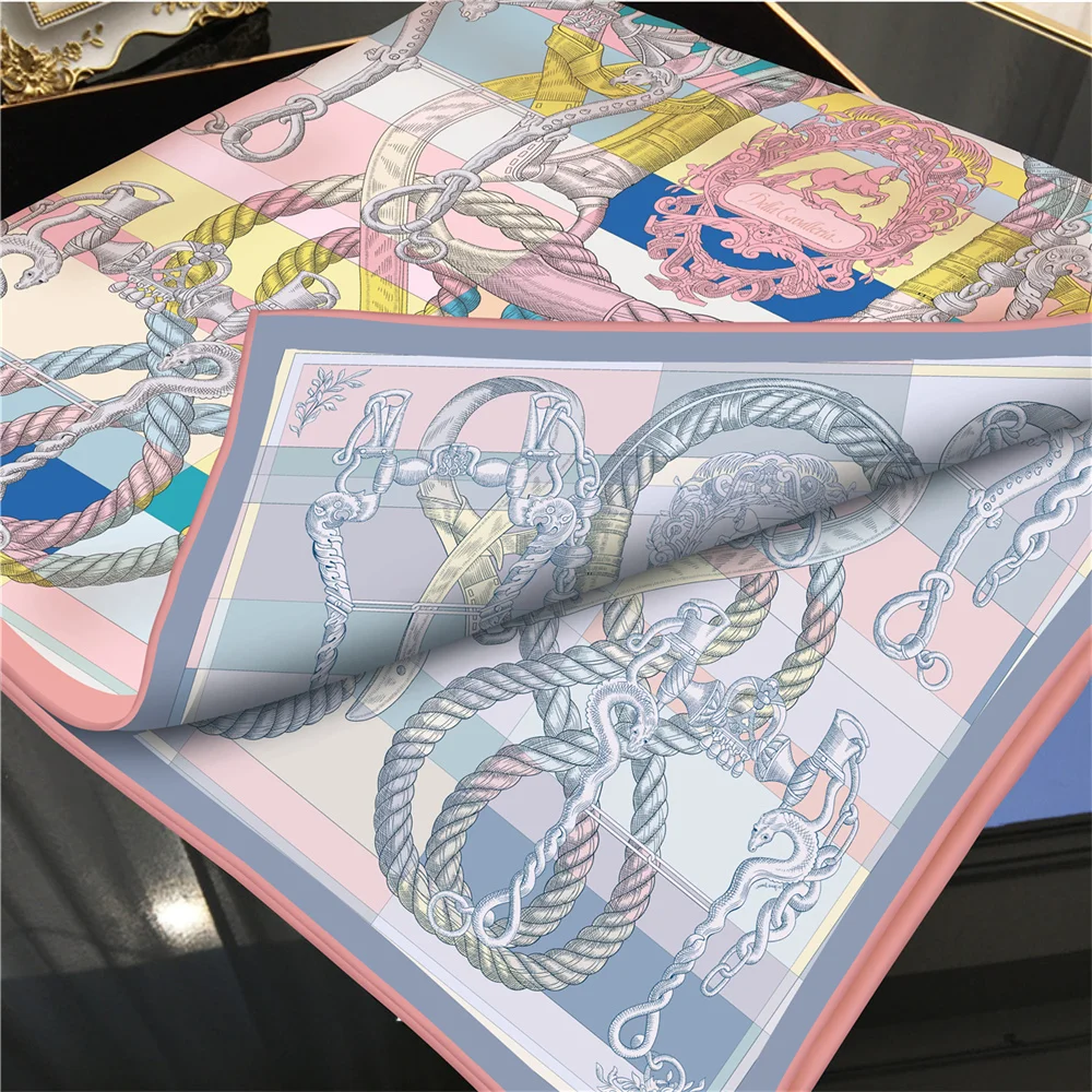 POBING Manual Hand Rolled Twill Silk Scarf Women Rope Double Side Print Square Scarves Wraps Echarpes Foulards Femme Hijab 90CM