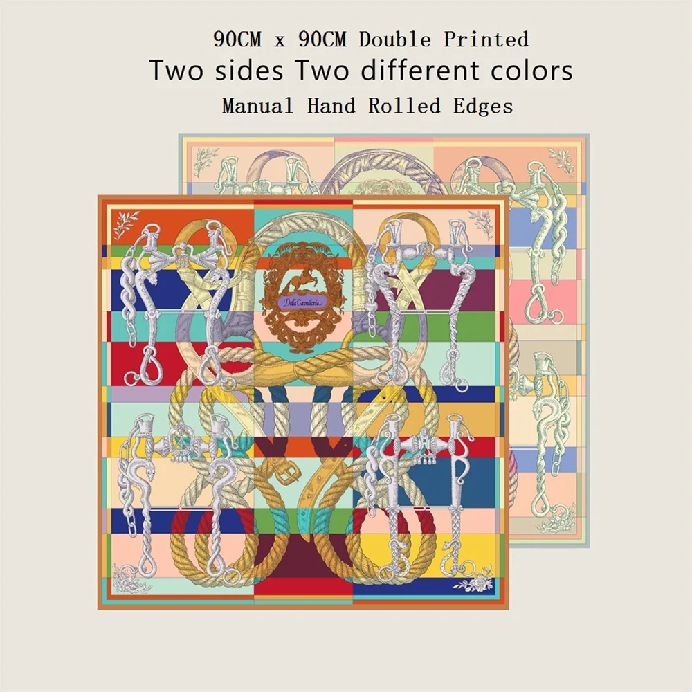 POBING Manual Hand Rolled Twill Silk Scarf Women Rope Double Side Print Square Scarves Wraps Echarpes Foulards Femme Hijab 90CM