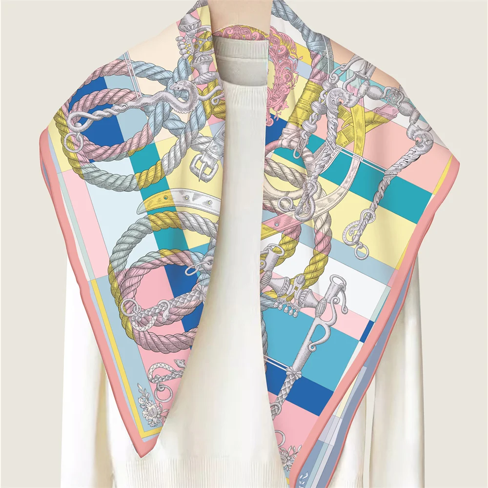 POBING Manual Hand Rolled Twill Silk Scarf Women Rope Double Side Print Square Scarves Wraps Echarpes Foulards Femme Hijab 90CM