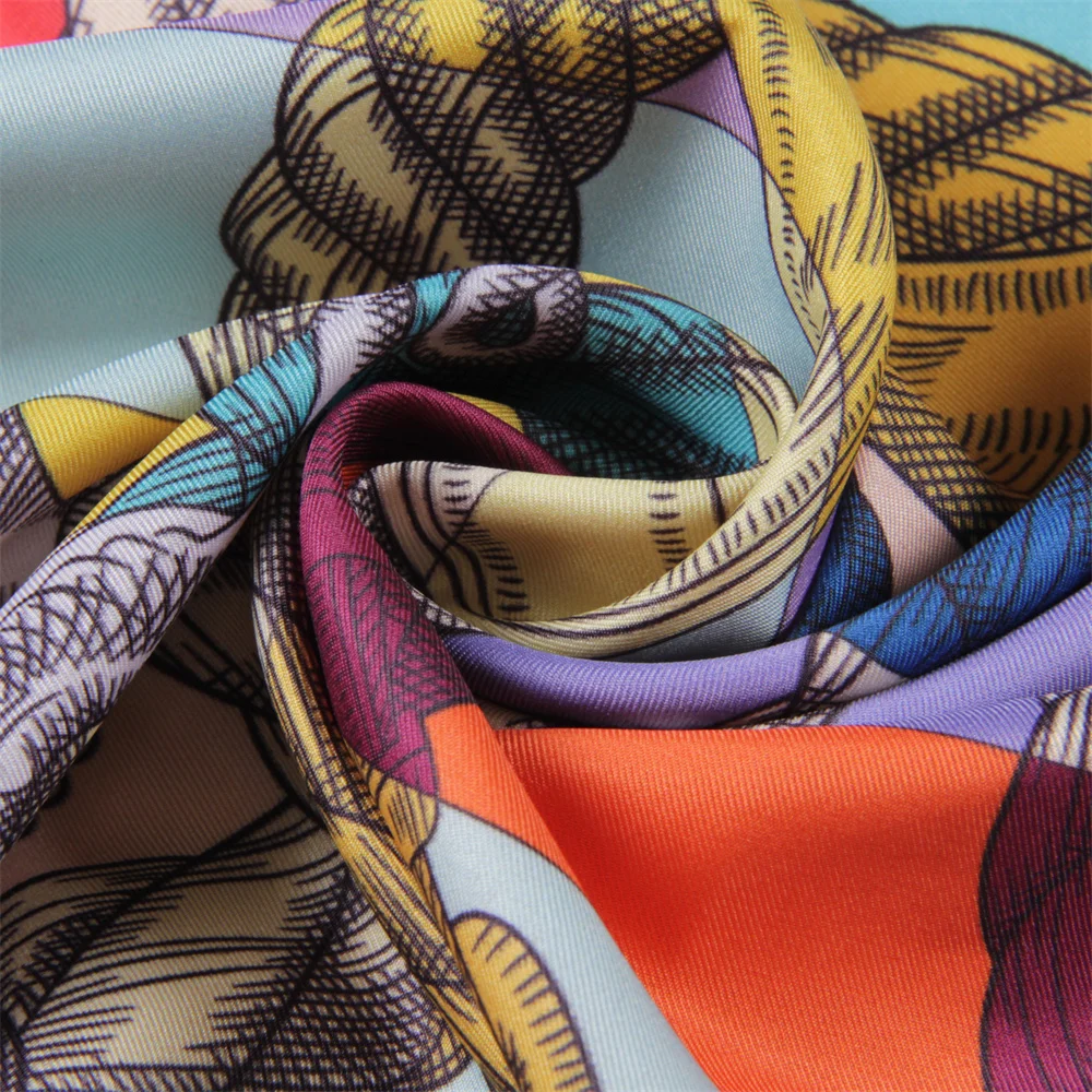 POBING Manual Hand Rolled Twill Silk Scarf Women Rope Double Side Print Square Scarves Wraps Echarpes Foulards Femme Hijab 90CM