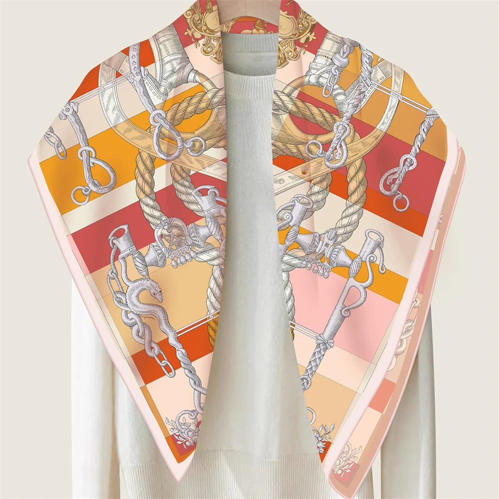POBING Manual Hand Rolled Twill Silk Scarf Women Rope Double Side Print Square Scarves Wraps Echarpes Foulards Femme Hijab 90CM