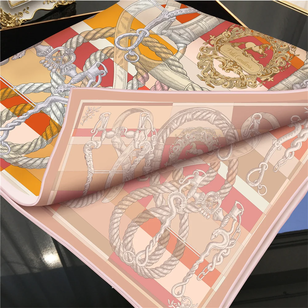 POBING Manual Hand Rolled Twill Silk Scarf Women Rope Double Side Print Square Scarves Wraps Echarpes Foulards Femme Hijab 90CM