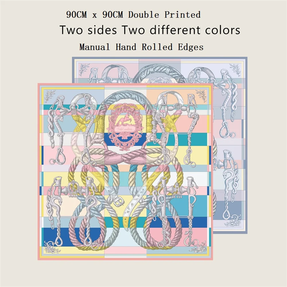 POBING Manual Hand Rolled Twill Silk Scarf Women Rope Double Side Print Square Scarves Wraps Echarpes Foulards Femme Hijab 90CM
