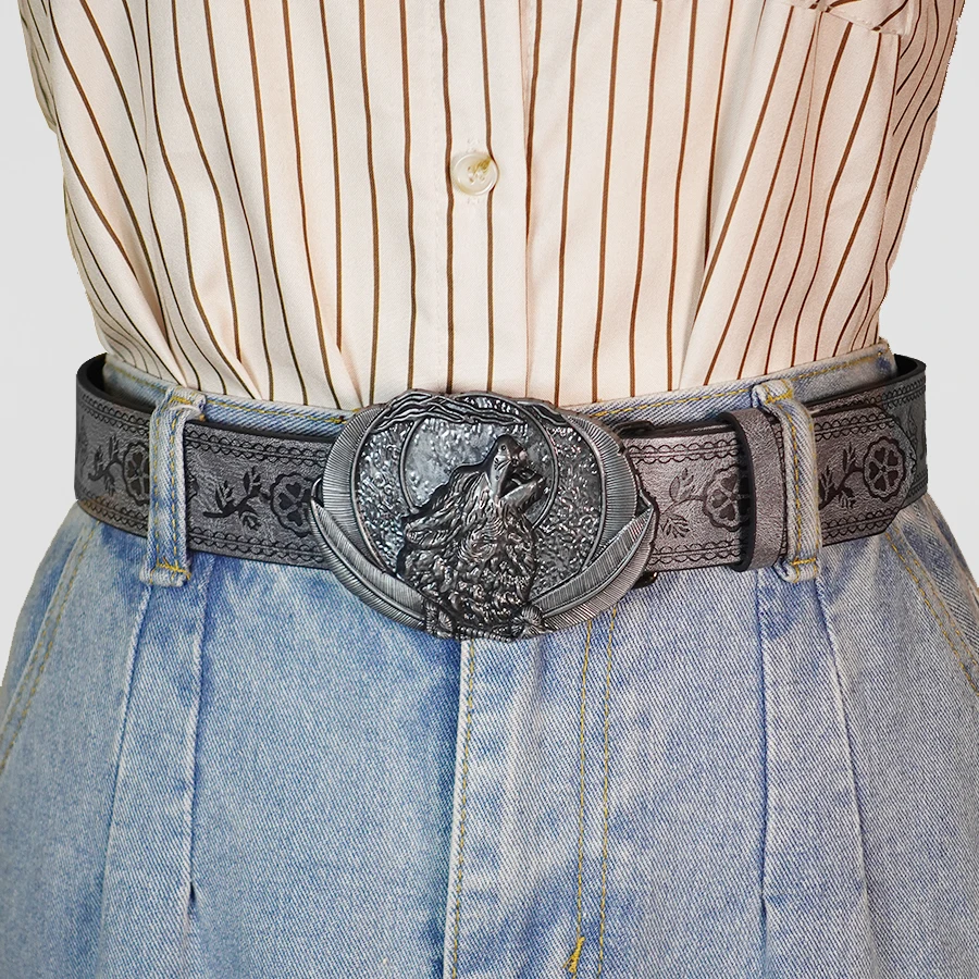 Men Vintage Western Wolf Buckle Streetwear Casual Pu Leather Belt