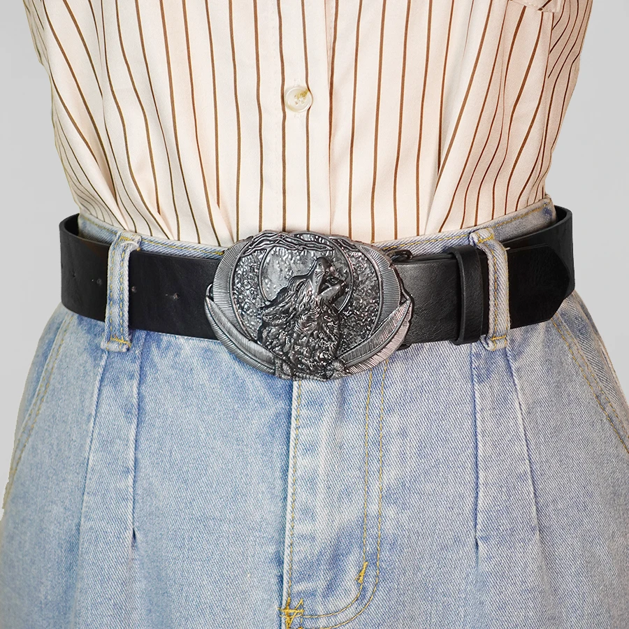 Men Vintage Western Wolf Buckle Streetwear Casual Pu Leather Belt