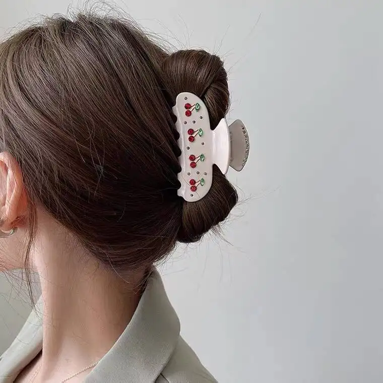 Cute Cherry Pie Acetate Hair Clip, Back of the Head Updo Claw Clip, Nice Hair Accessories New Design Rhinestone Hair Ornament