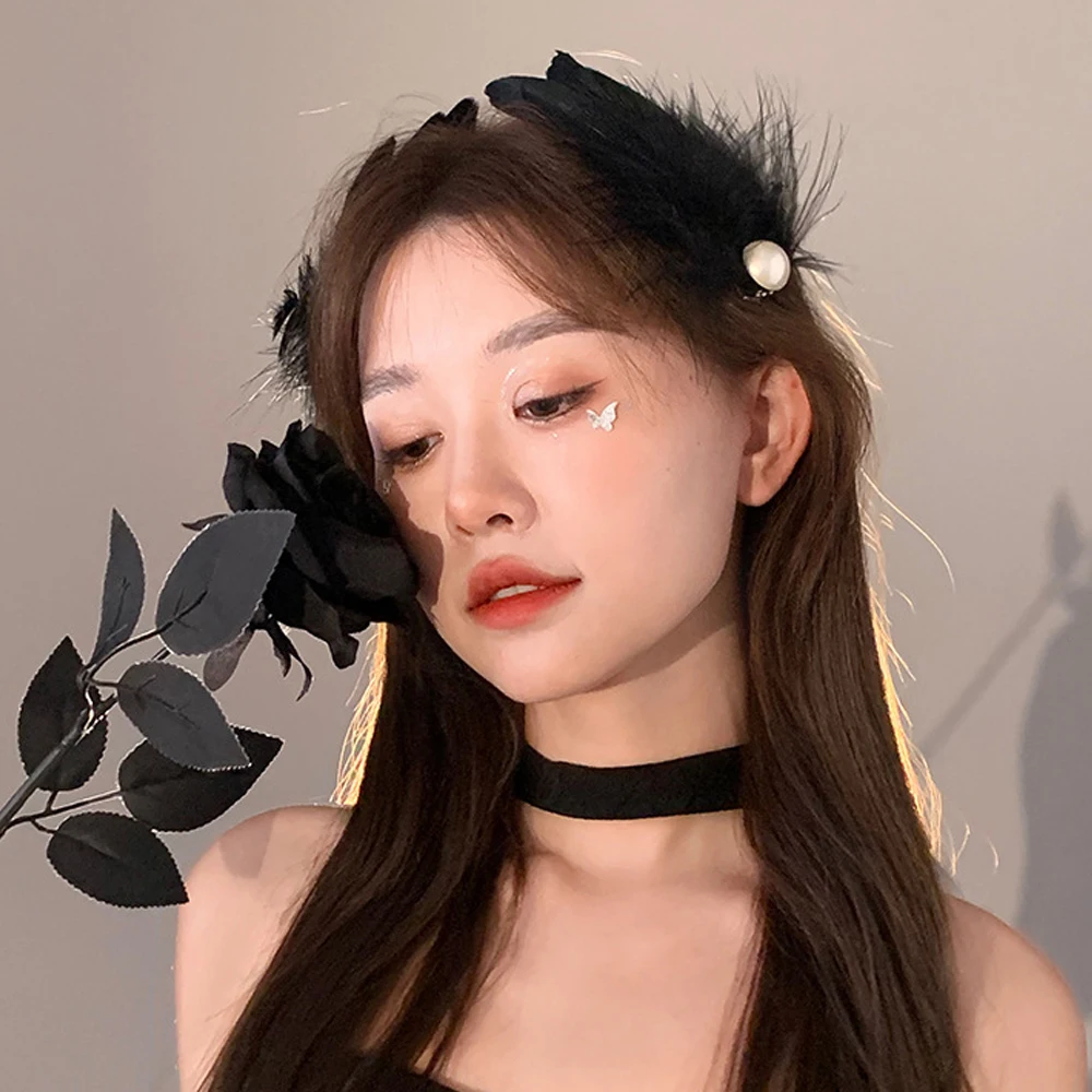 2pcs/Set Black White Color Feather Hair Clips Pearl Plush Ballet Girl Alligator Barrettes Elegant Headwear For Party Performance