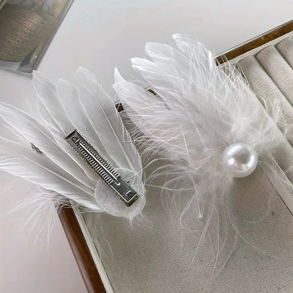 2pcs/Set Black White Color Feather Hair Clips Pearl Plush Ballet Girl Alligator Barrettes Elegant Headwear For Party Performance