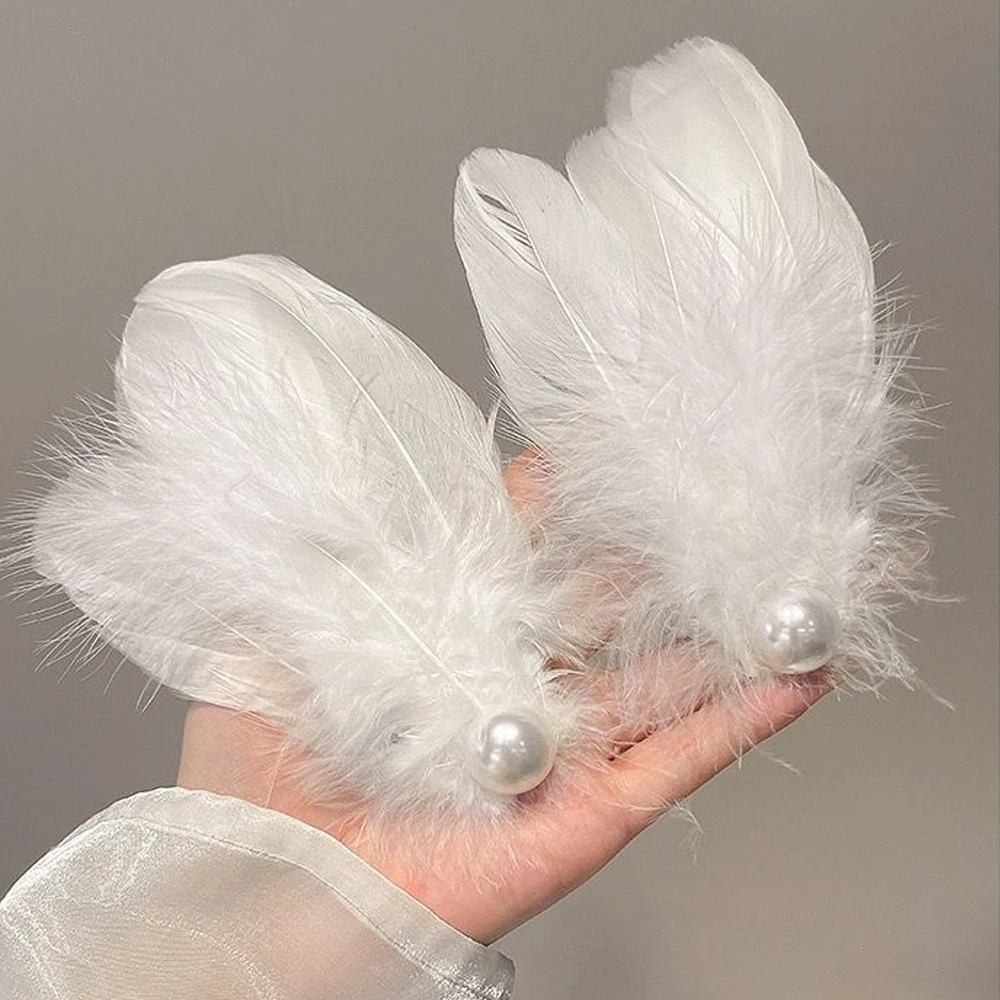 2pcs/Set Black White Color Feather Hair Clips Pearl Plush Ballet Girl Alligator Barrettes Elegant Headwear For Party Performance