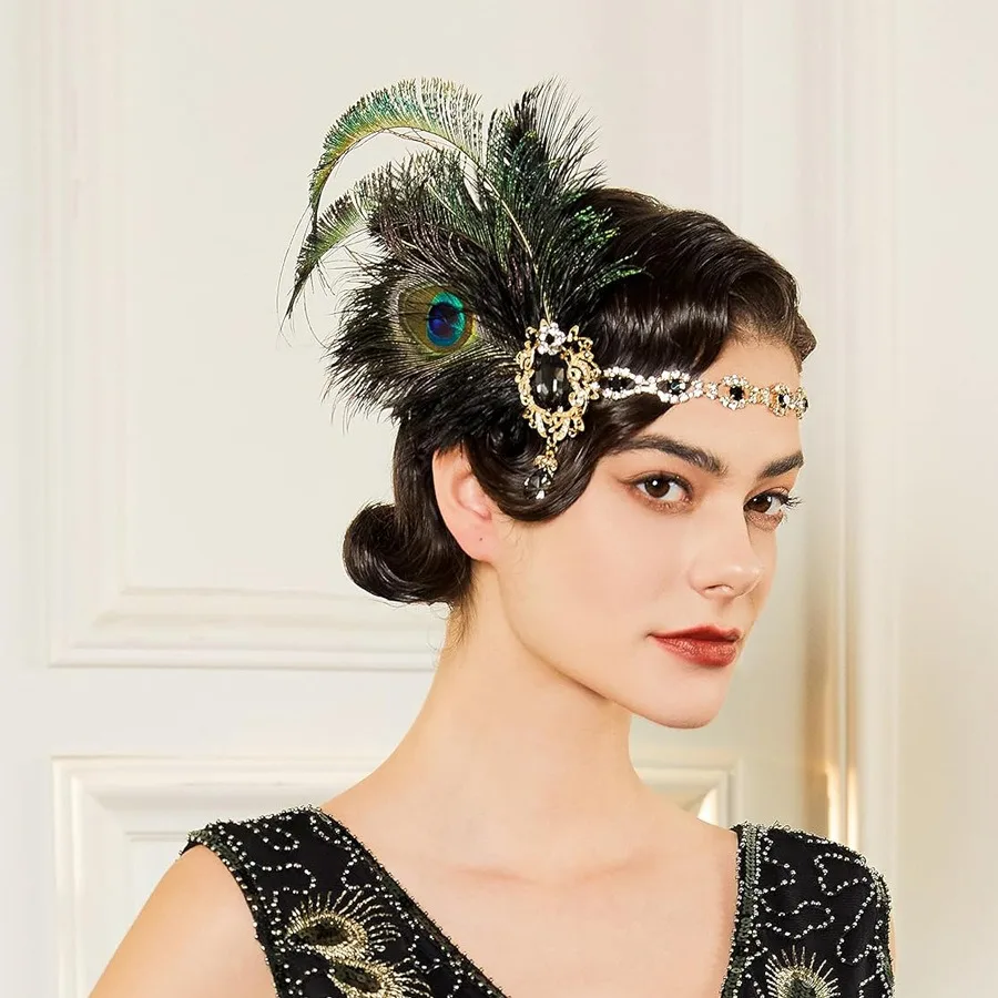 1920s Flapper Peacock Feather Headband Roaring 20s Showgirl Hair band Great Gatsby Hair Accessories 머리띠 резинки для волос 헤어밴드