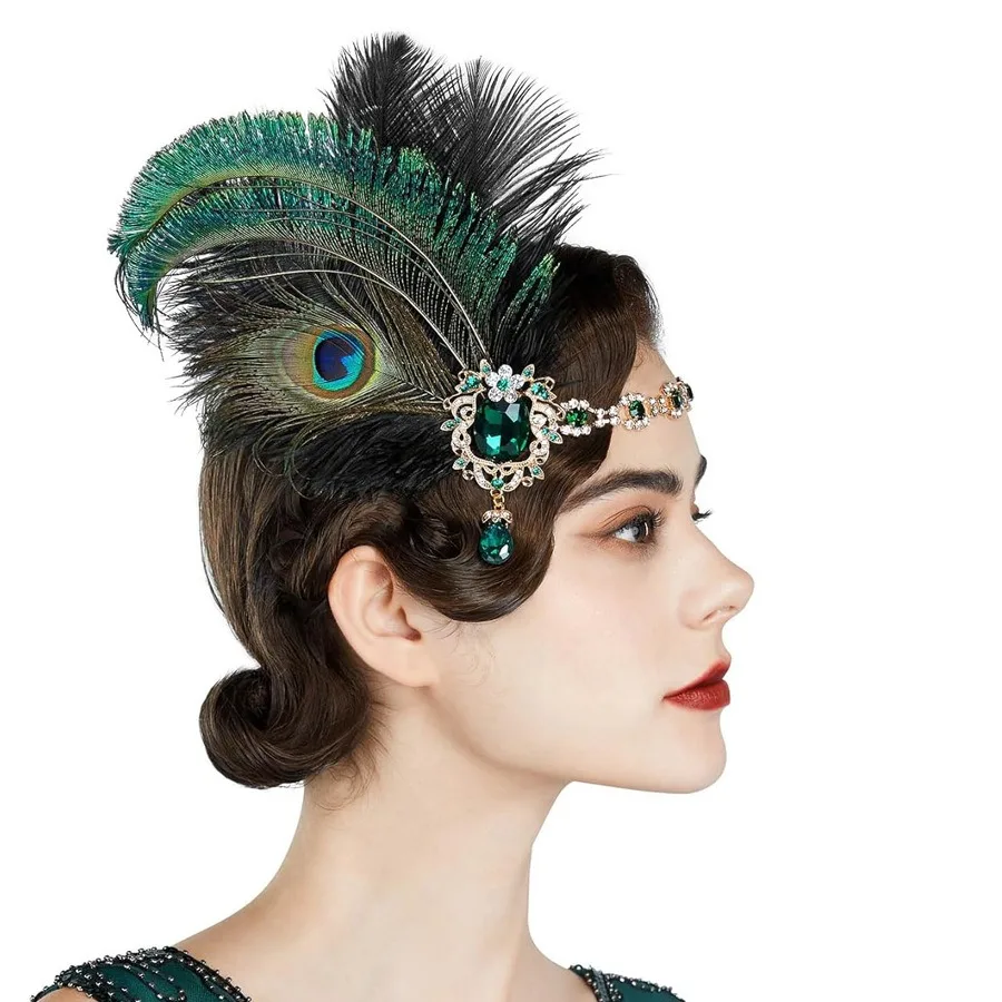 1920s Flapper Peacock Feather Headband Roaring 20s Showgirl Hair band Great Gatsby Hair Accessories 머리띠 резинки для волос 헤어밴드