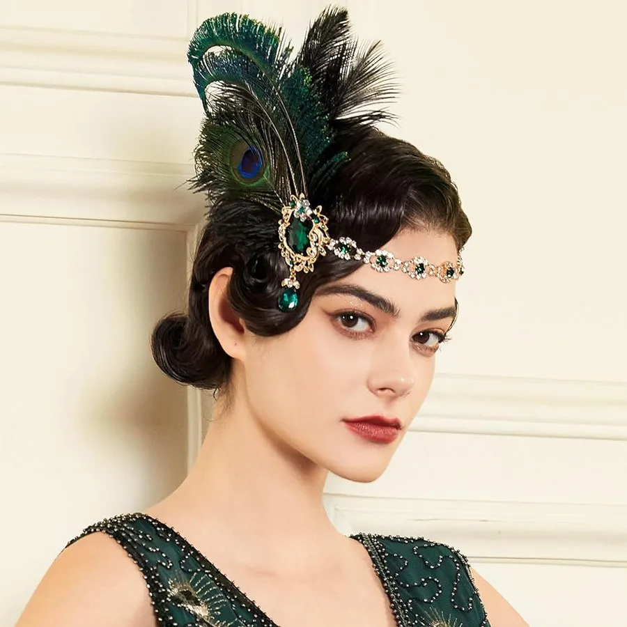 1920s Flapper Peacock Feather Headband Roaring 20s Showgirl Hair band Great Gatsby Hair Accessories 머리띠 резинки для волос 헤어밴드