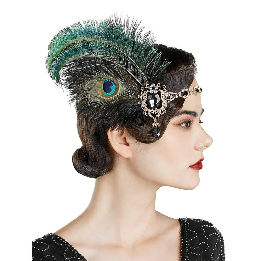 1920s Flapper Peacock Feather Headband Roaring 20s Showgirl Hair band Great Gatsby Hair Accessories 머리띠 резинки для волос 헤어밴드