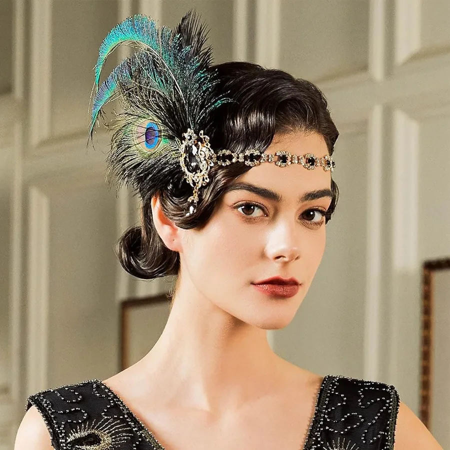 1920s Flapper Peacock Feather Headband Roaring 20s Showgirl Hair band Great Gatsby Hair Accessories 머리띠 резинки для волос 헤어밴드