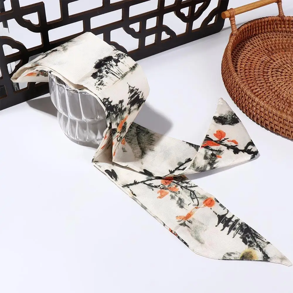 Retro Long Ink Painting Silk Scarf Minimalist Style Ribbon Long Silk Scarf Hair Rope Neckerchief Ribbon Headband Lady