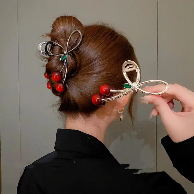 1pc Korean Sweet Cherry Bow Grab Clip Small Fresh Hairpin Shark Clip Hair Clip Simple Style Hair Clip Hair Accessories