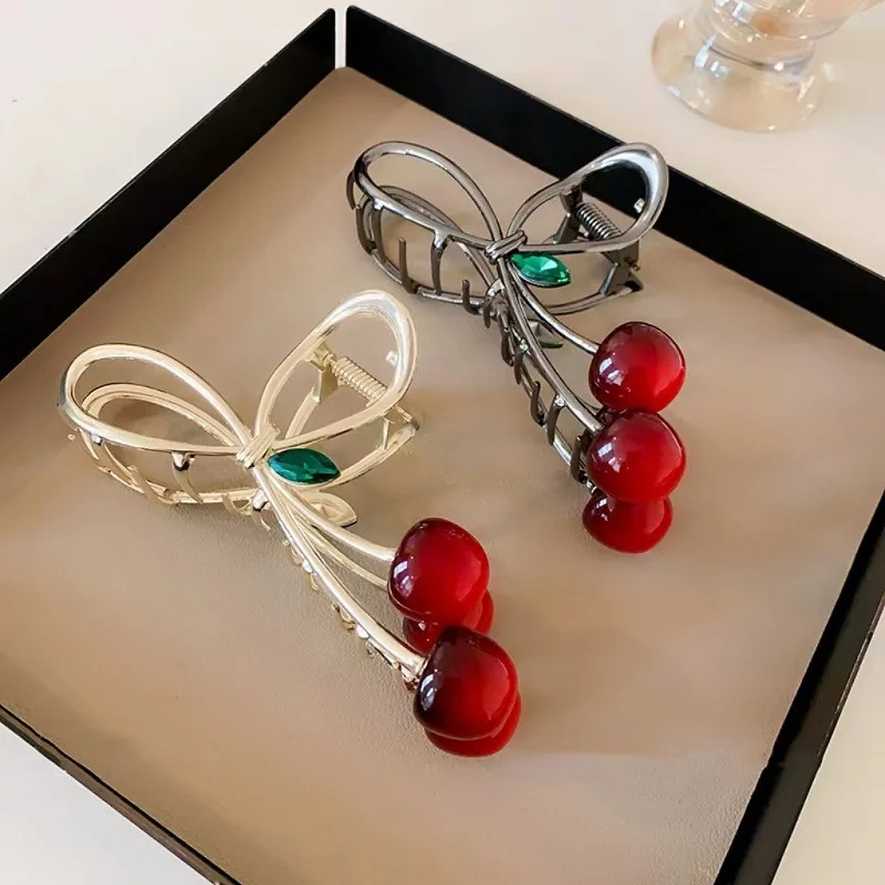 1pc Korean Sweet Cherry Bow Grab Clip Small Fresh Hairpin Shark Clip Hair Clip Simple Style Hair Clip Hair Accessories
