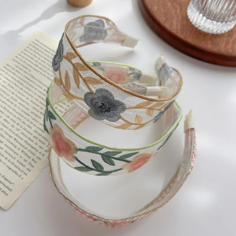 1/3pcs Elegant Chiffon Embroidery Flower Hairband – Sweet Floral Headband Turban Hoop for Women Fashion Hair Accessories