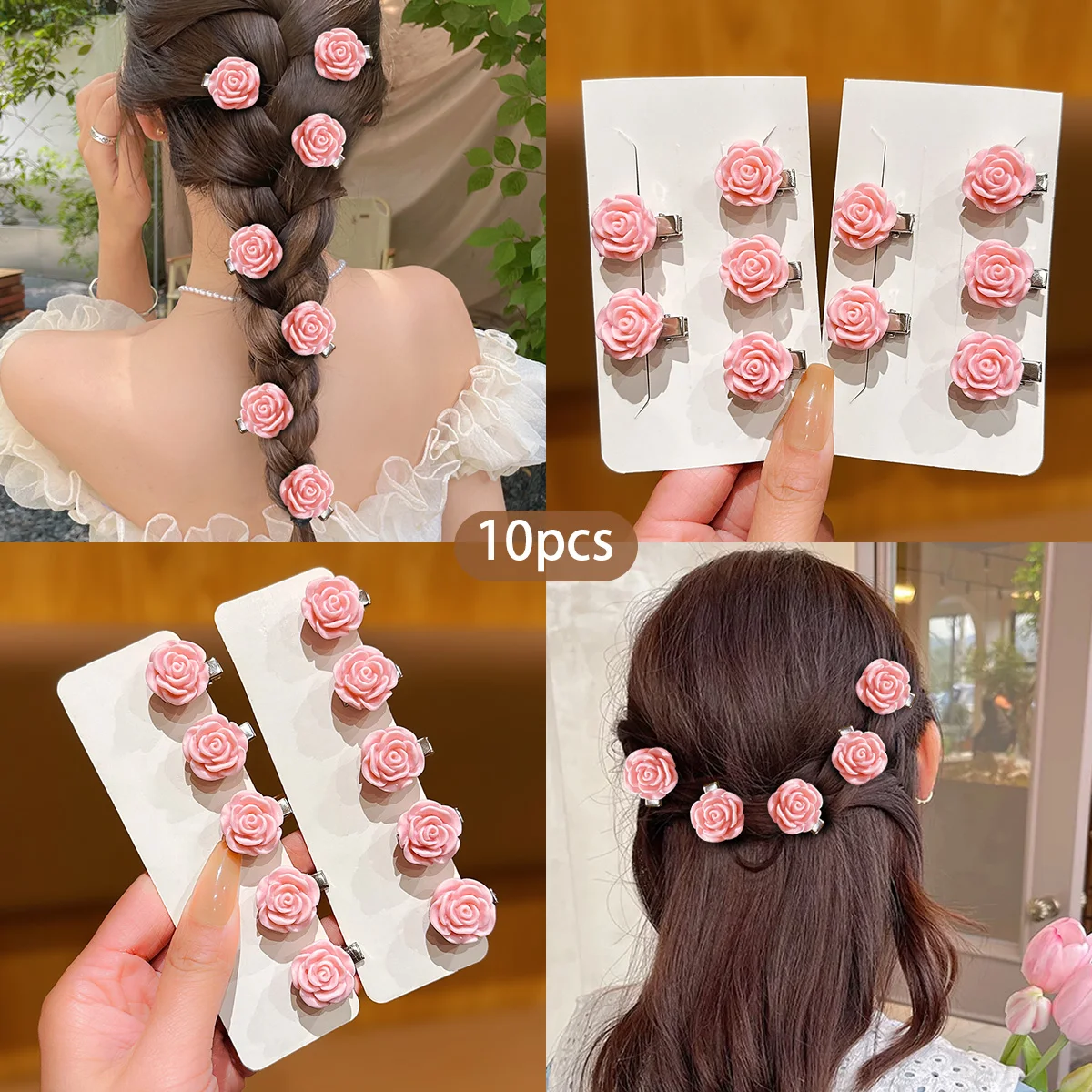 10 pink sweet floral hair clips, small and cute, suitable for daily use as hair accessories