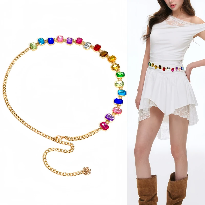 Designer's New Color Rhinestone Chain Belt Niche Exquisite Fashion Jewel Waist Chain Female Unique Banquet Dress Accessories