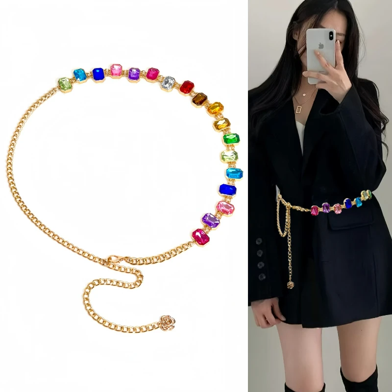 Designer's New Color Rhinestone Chain Belt Niche Exquisite Fashion Jewel Waist Chain Female Unique Banquet Dress Accessories
