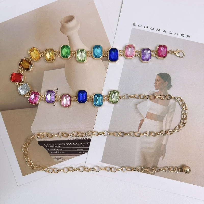 Designer's New Color Rhinestone Chain Belt Niche Exquisite Fashion Jewel Waist Chain Female Unique Banquet Dress Accessories