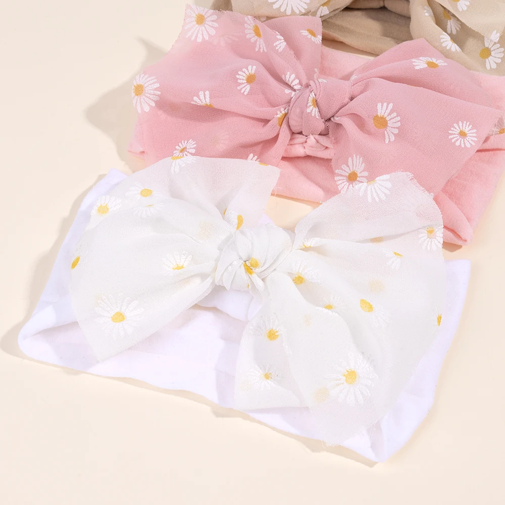 3Pcs Baby Wide Elastic Headband Infant Large Bow Head Band Flower Print Soft Stretchy Wide Hairband For Toddler Hair Accessories
