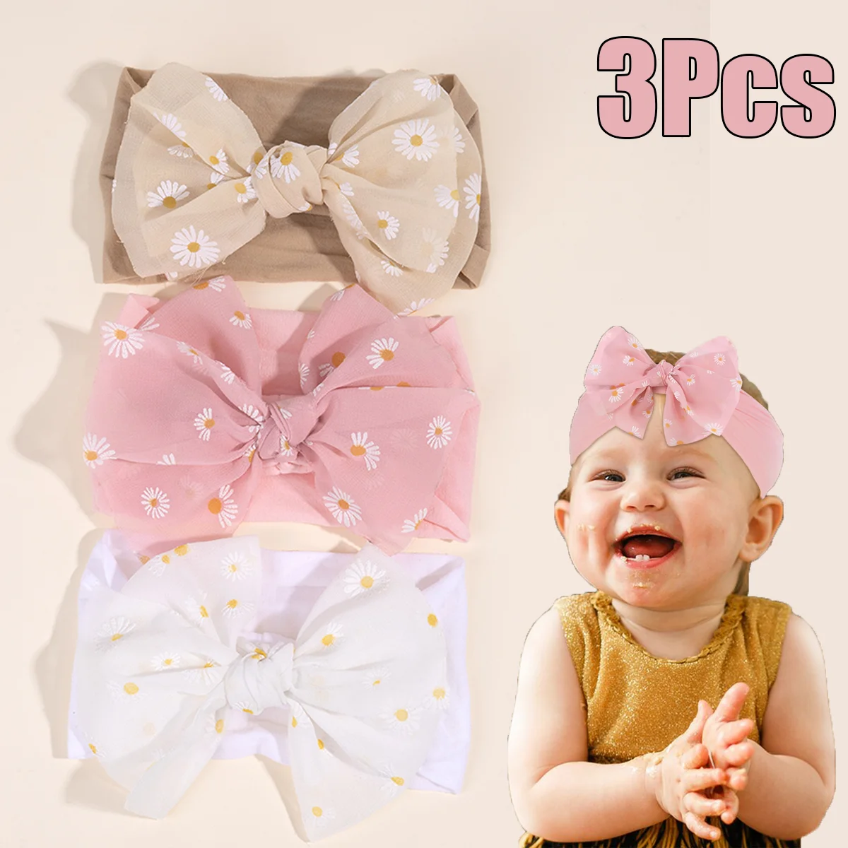 3Pcs Baby Wide Elastic Headband Infant Large Bow Head Band Flower Print Soft Stretchy Wide Hairband For Toddler Hair Accessories