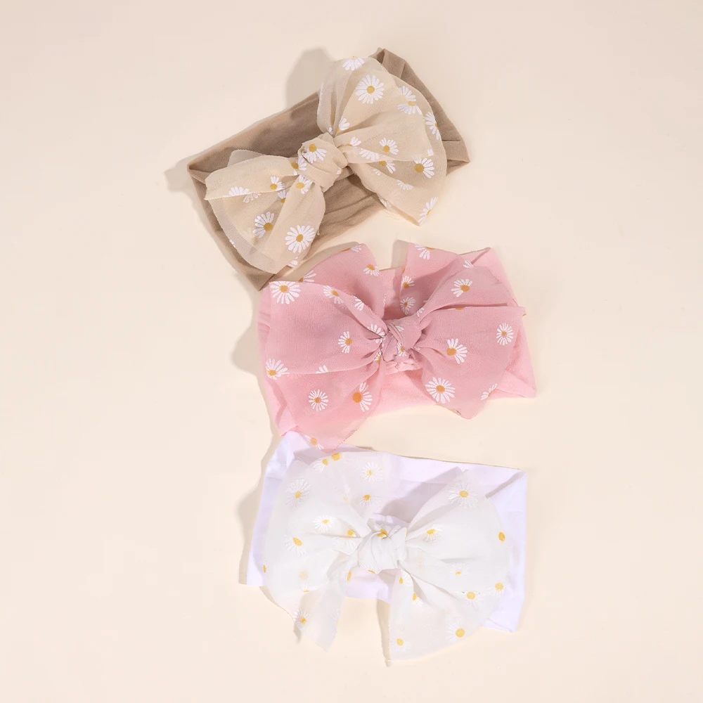 3Pcs Baby Wide Elastic Headband Infant Large Bow Head Band Flower Print Soft Stretchy Wide Hairband For Toddler Hair Accessories