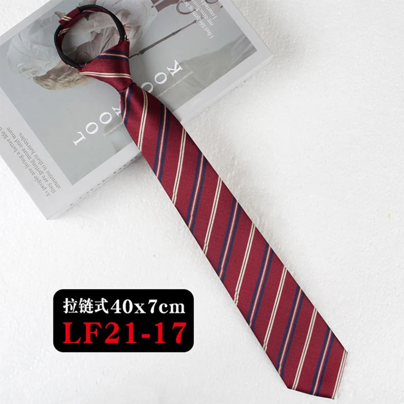 JK Ties Women Casual Striped Lazy Tie Brown Navy Red Polyester Neckties Handmade Lazy Tie Shirt Uniform Knot Free Short Cravat