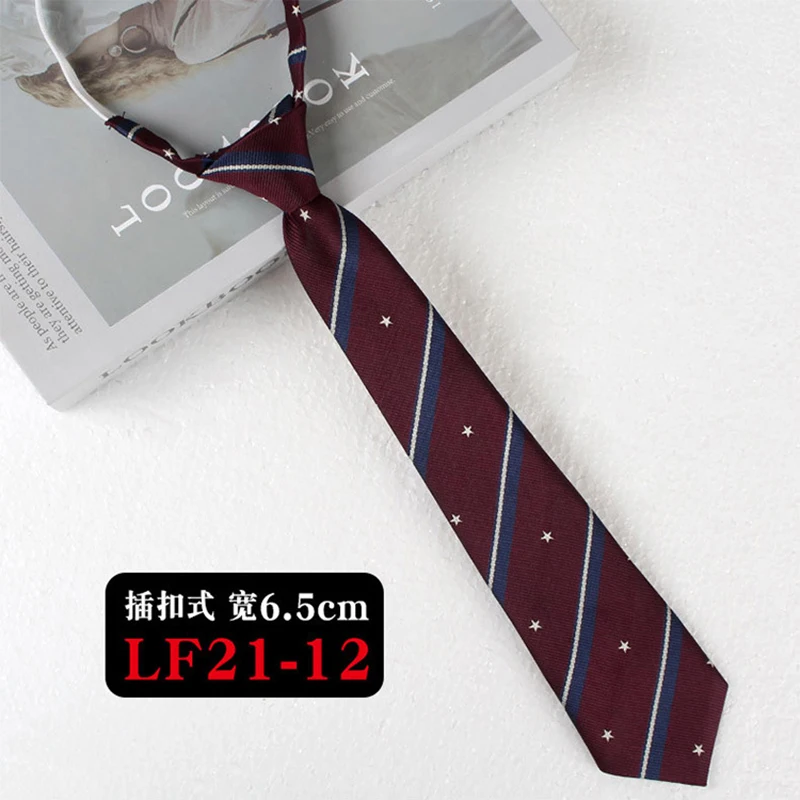JK Ties Women Casual Striped Lazy Tie Brown Navy Red Polyester Neckties Handmade Lazy Tie Shirt Uniform Knot Free Short Cravat